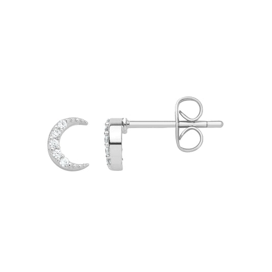 Earrings Pave Set White Cubic Zirconia Moon Silver Plated