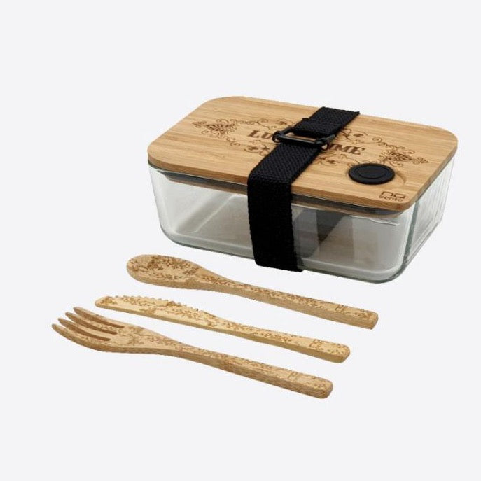 Striped Lunchbox With Bamboo Lid and Cutlery in Brown Black and Glass