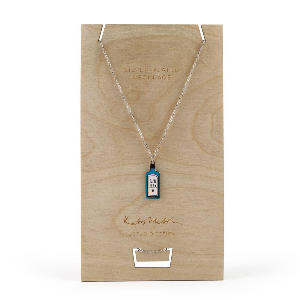 Necklace with a blue Gin bottle pendant in silver by Katy Welsh