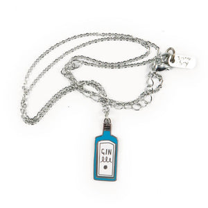 Necklace with a blue Gin bottle pendant in silver by Katy Welsh