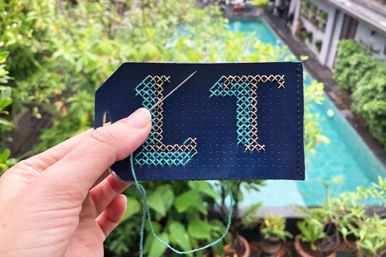 Customisable stitch travel luggage tag real leather in navy