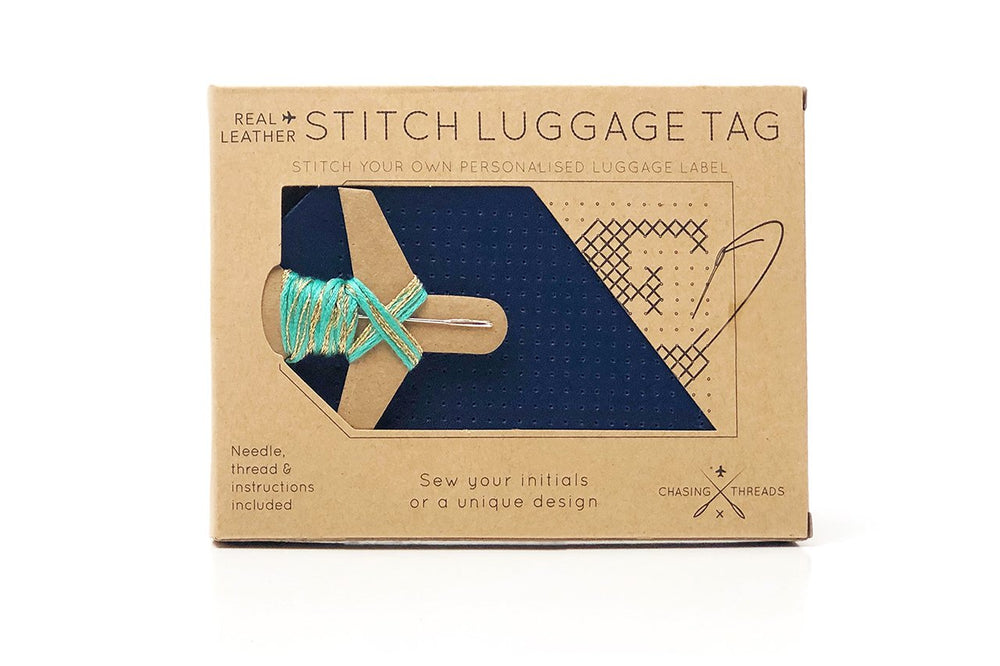 Customisable stitch travel luggage tag real leather in navy