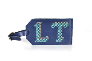 Customisable stitch travel luggage tag real leather in navy