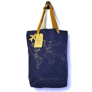 Customisable stitch canvas tote bag with genuine leather handles in navy