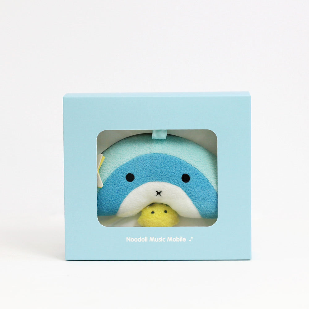 Music mobile plush soft toy for children with rainbow and star 'Ricerain' in blue