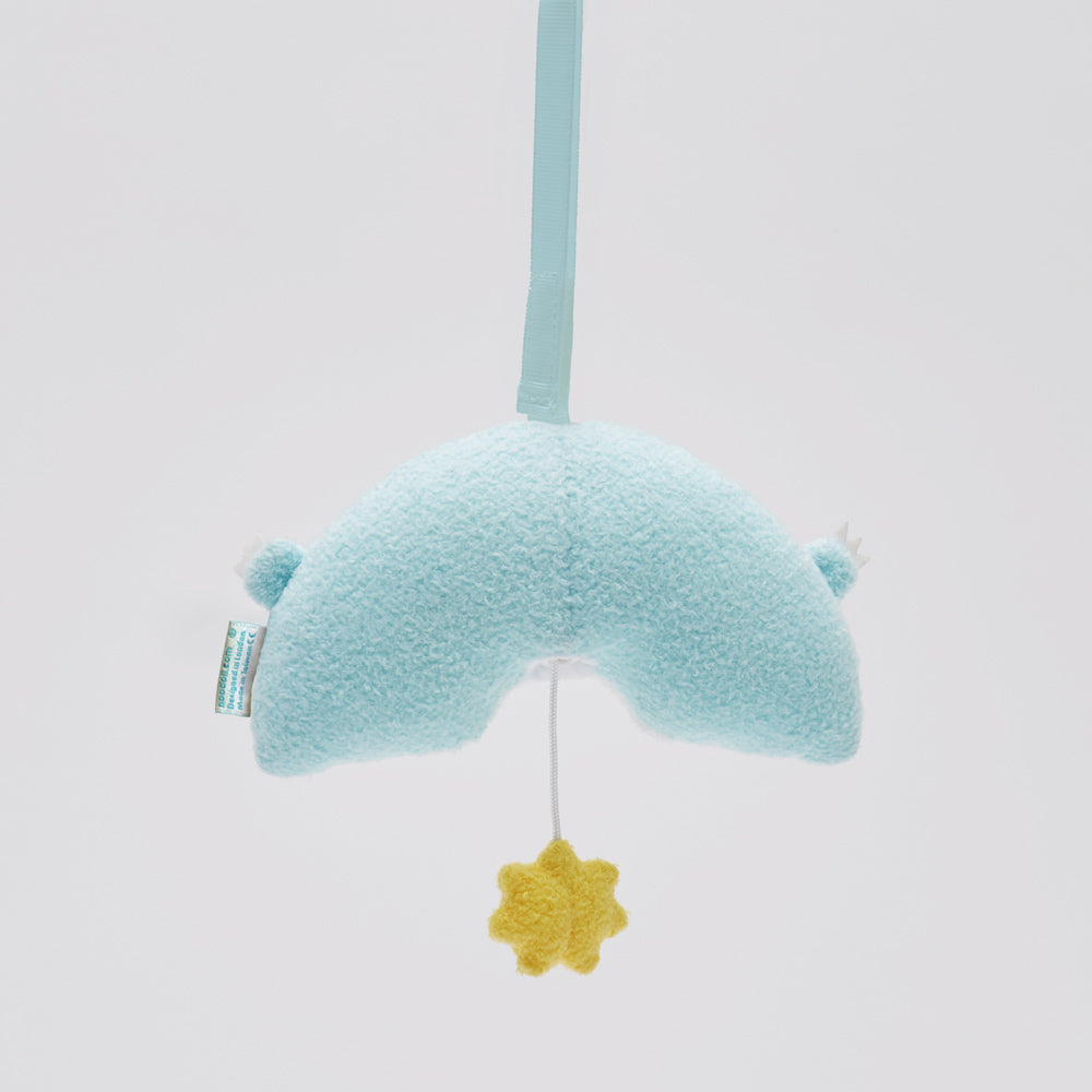 Music mobile plush soft toy for children with rainbow and star 'Ricerain' in blue