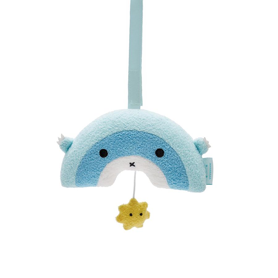 Music mobile plush soft toy for children with rainbow and star 'Ricerain' in blue