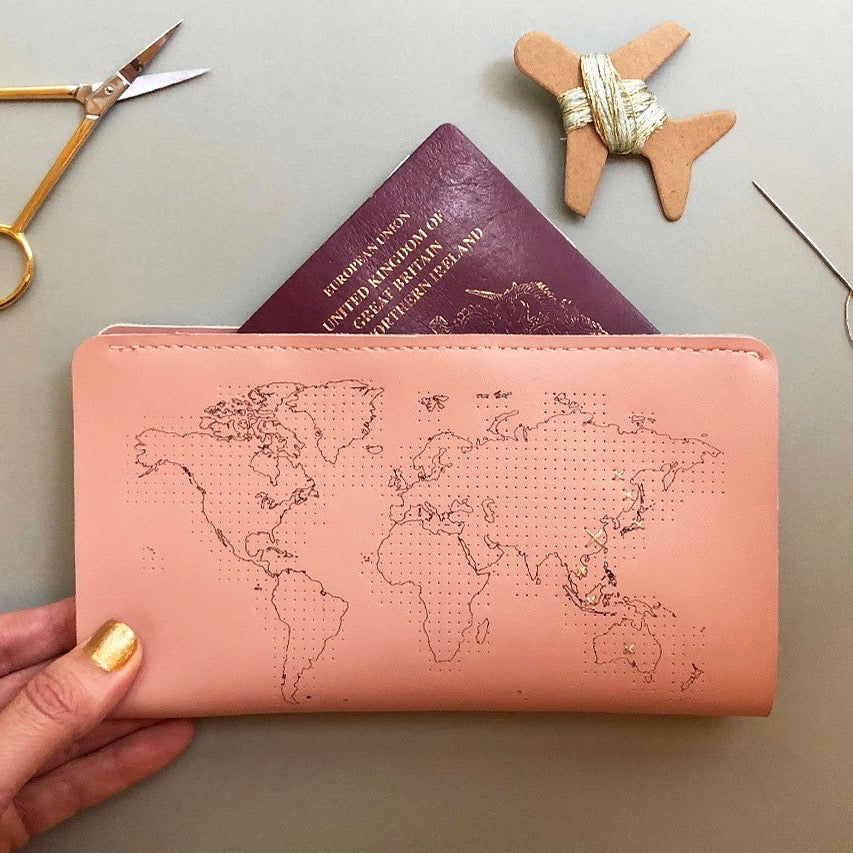 Customisable stitch travel wallet real leather in pink