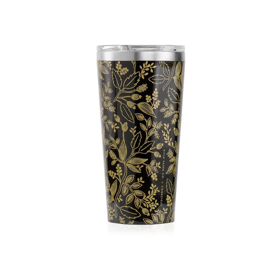 Corkcicle 16oz thermal tumbler for hot and cold drinks in Queen Anne black and gold floral print