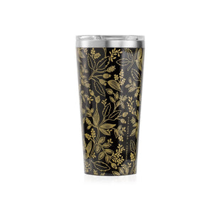 Corkcicle 16oz thermal tumbler for hot and cold drinks in Queen Anne black and gold floral print