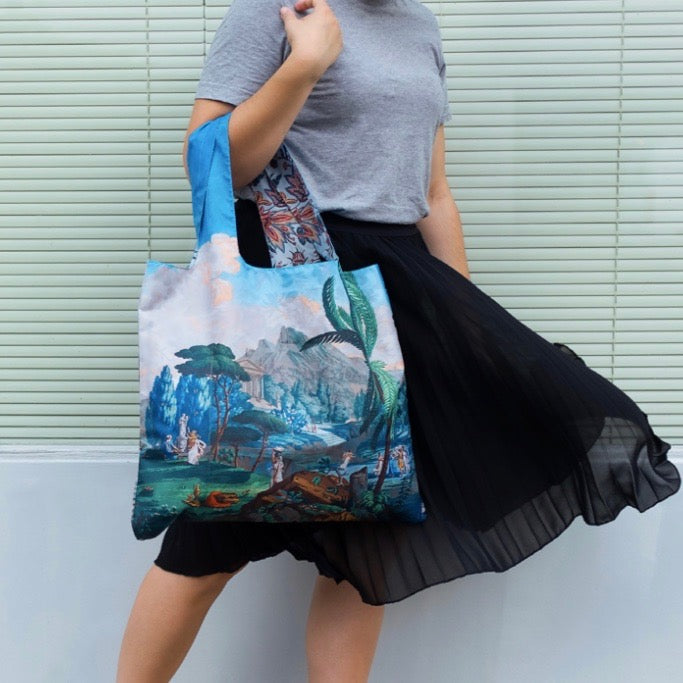 Foldable Tote bag with 'Telemaque in Calypso Island' Landscape artwork by Joseph Dufour in blue