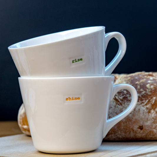 Rise and Shine Pair of Mugs Keith Brymer Jones in White with Green and Yellow Text