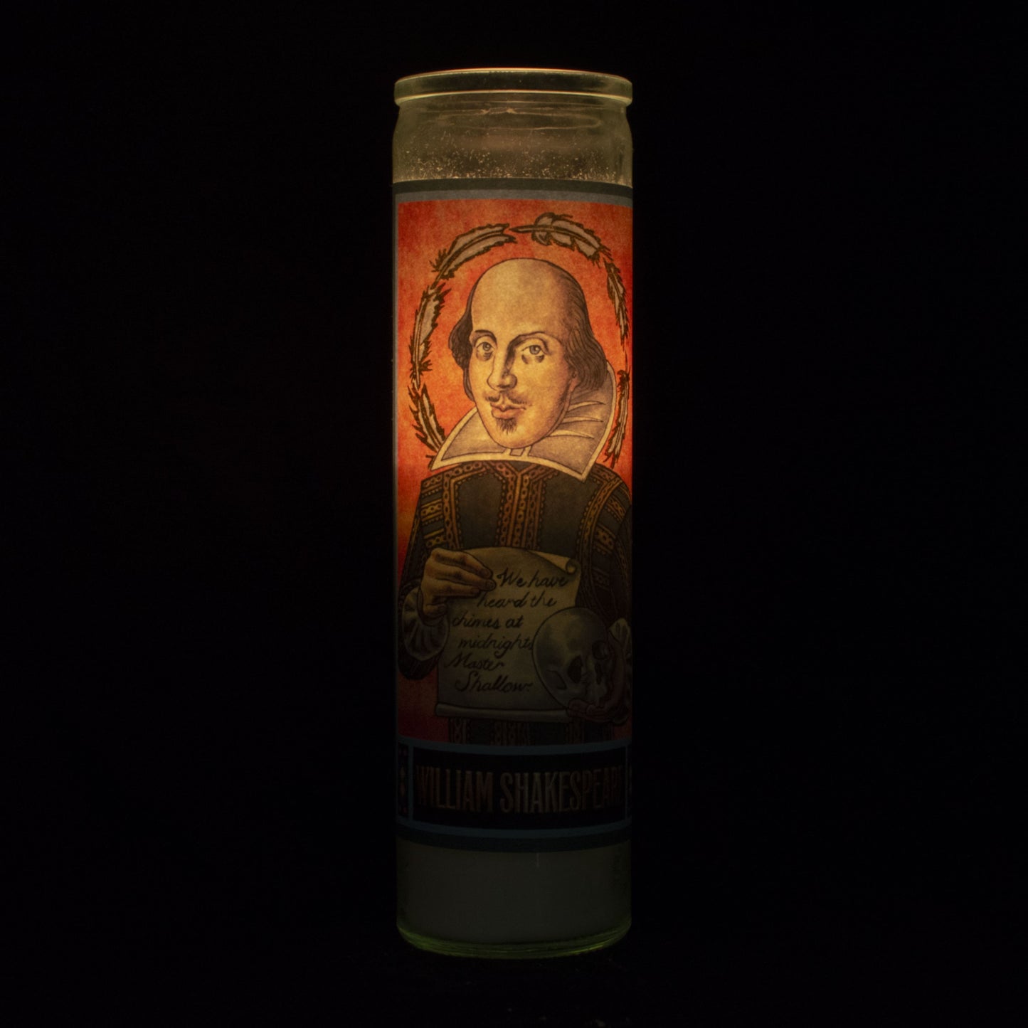 Tall votive candle with secular Saint 'William Shakespeare'
