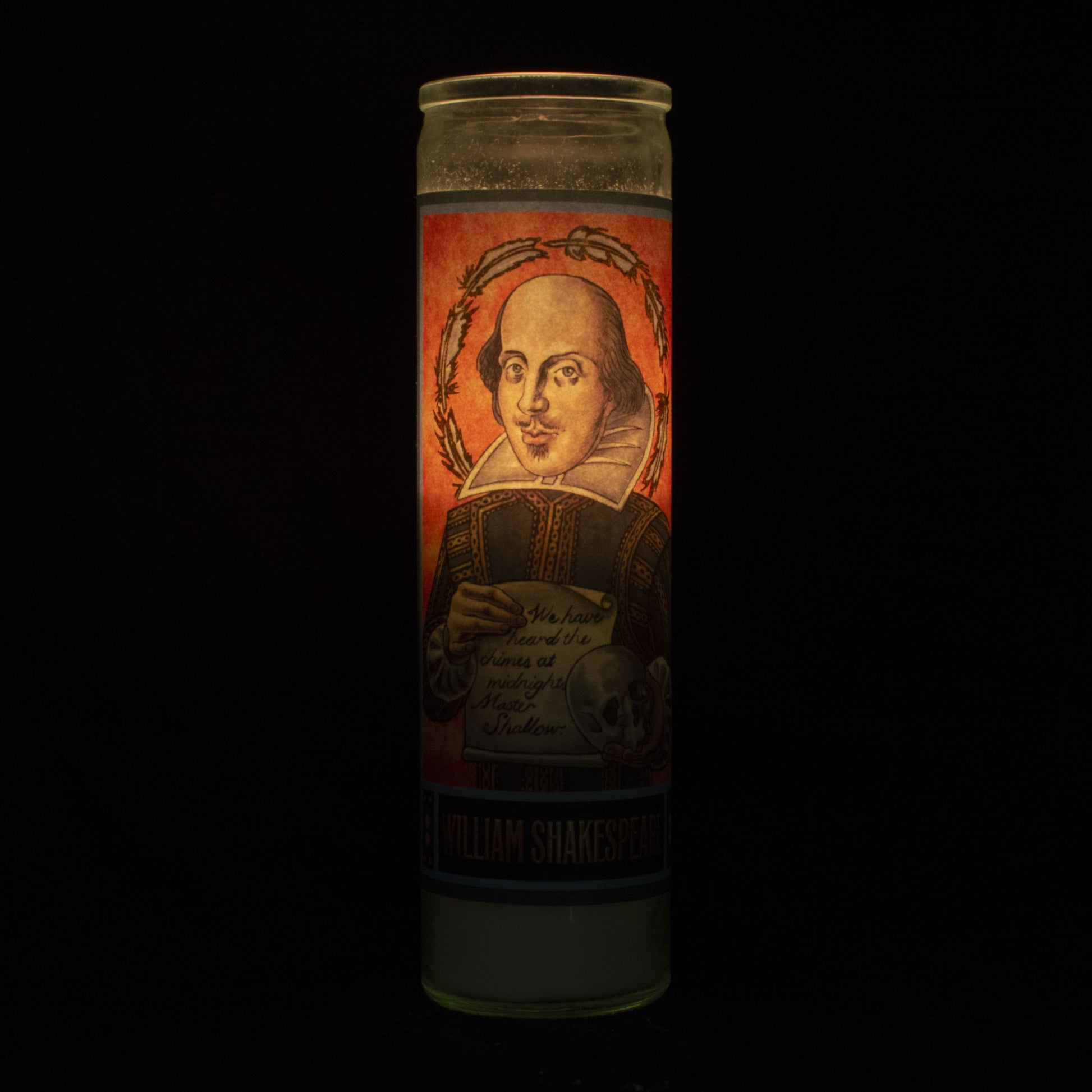 Tall votive candle with secular Saint 'William Shakespeare'