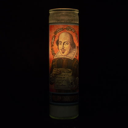 Tall votive candle with secular Saint 'William Shakespeare'