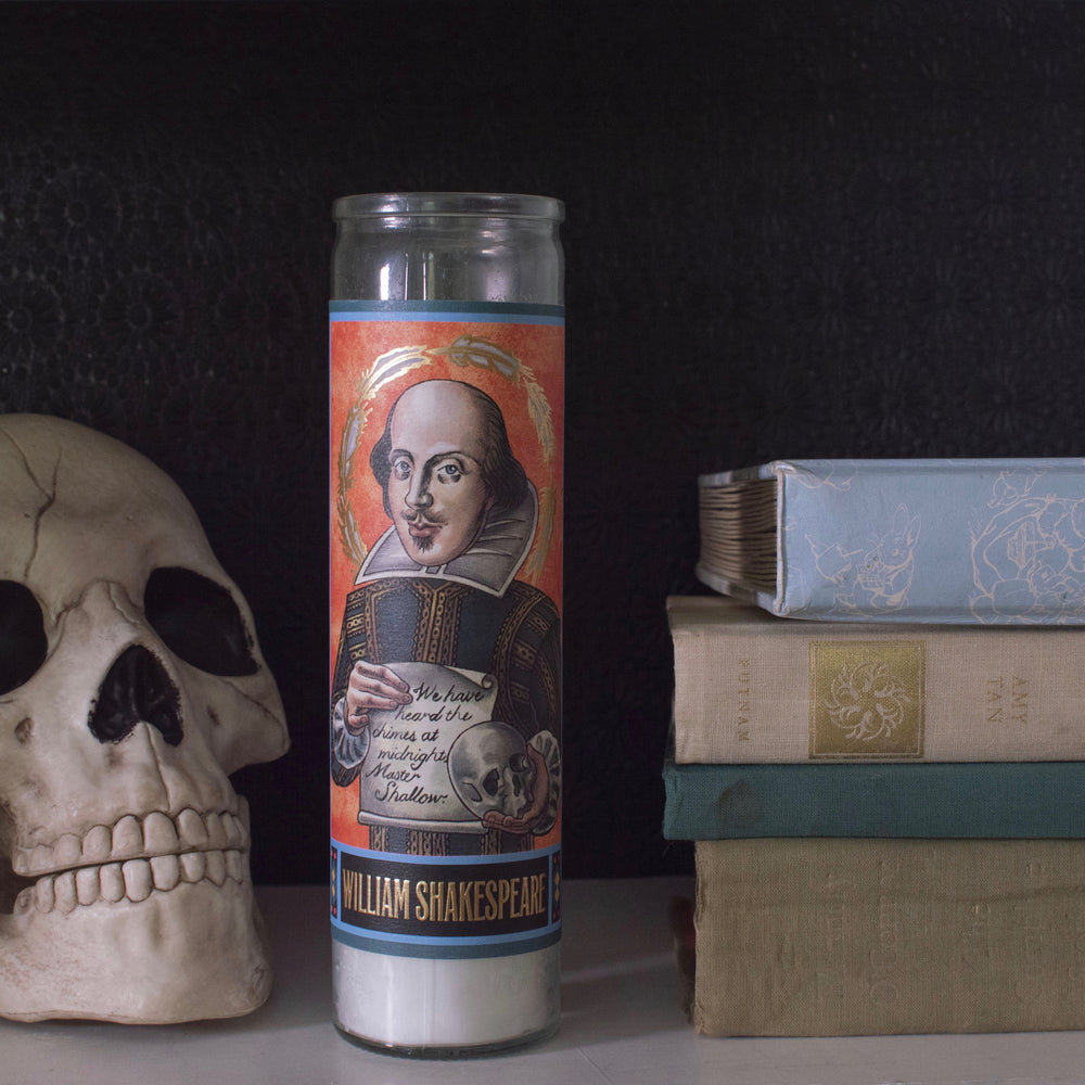 Tall votive candle with secular Saint 'William Shakespeare'
