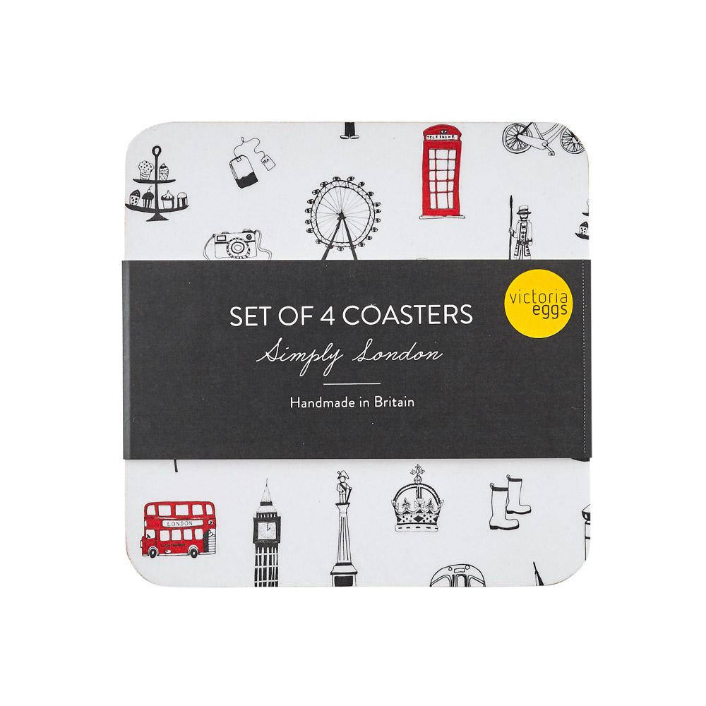 Set of four coasters with Simply London souvenir gift in white