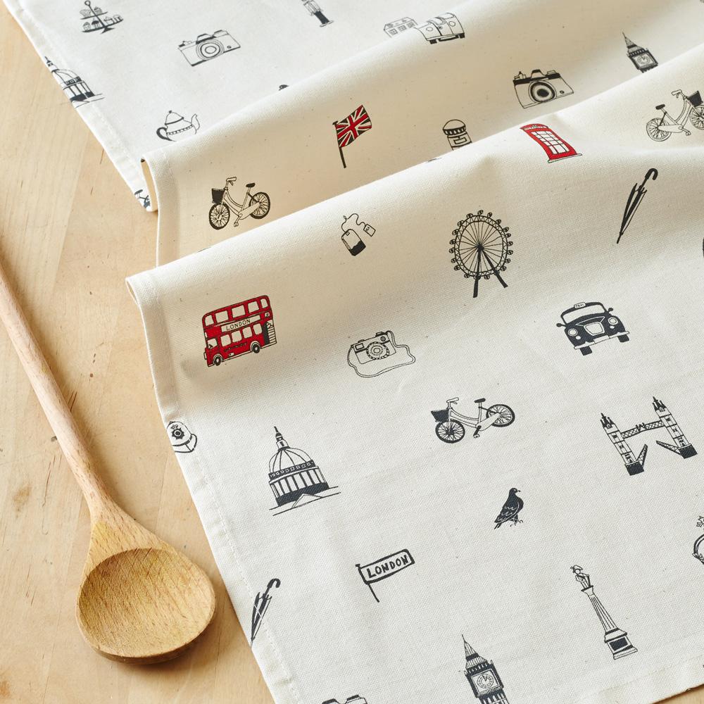 Tea Towel with London Icons souvenir gift in cream