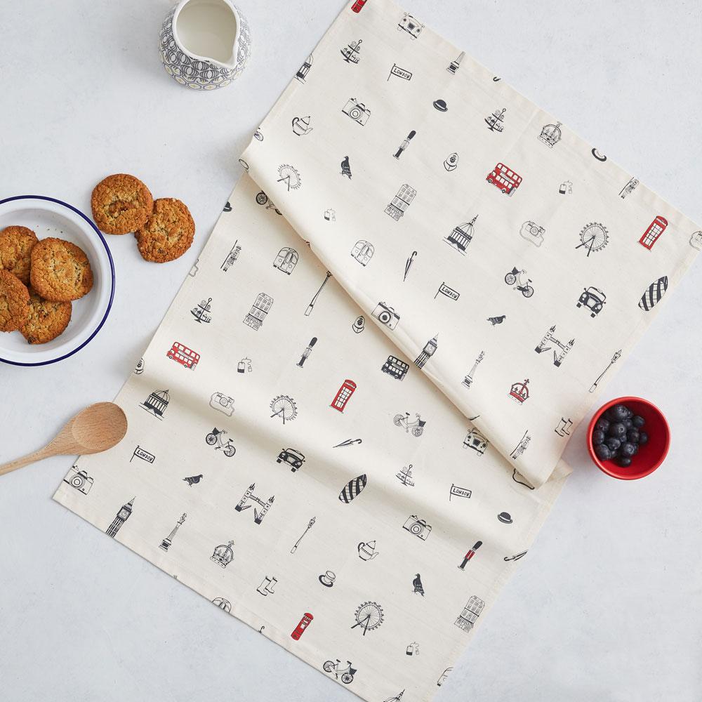 Tea Towel with London Icons souvenir gift in cream