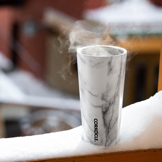 Corkcicle 16oz tumbler for hot and cold drinks in marble effect