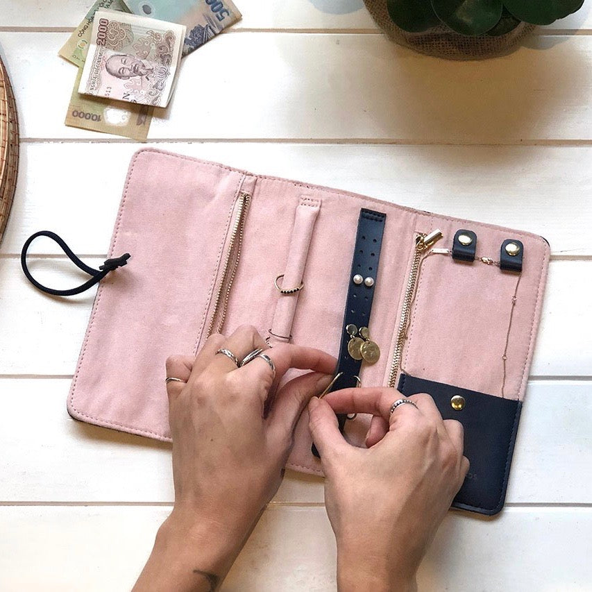 Customisable stitch travel jewellery wrap in navy leather