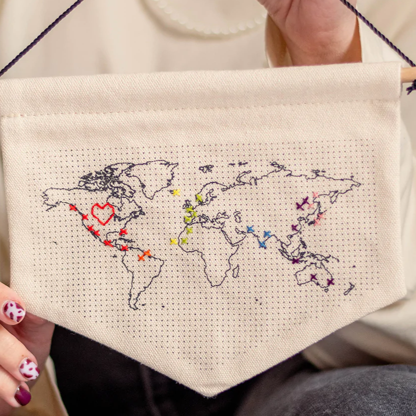 World Map Travels Stitch Hanging Wall Banner DIY Kit