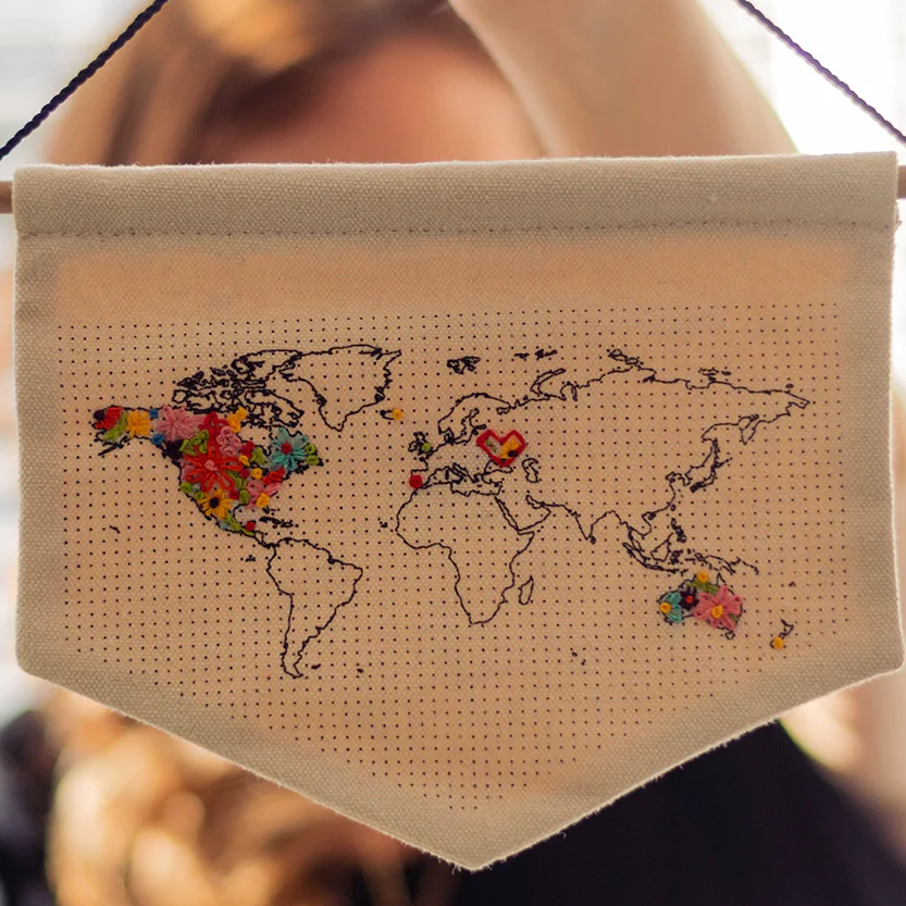 World Map Travels Stitch Hanging Wall Banner DIY Kit