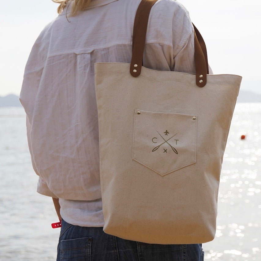 Customisable stitch canvas tote bag with genuine leather handles in cream