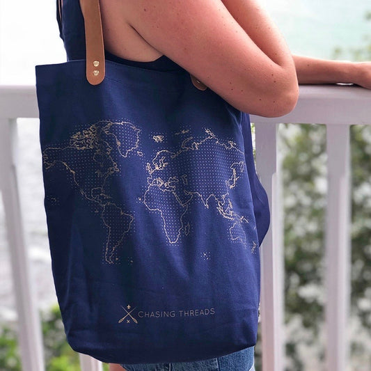 Customisable stitch canvas tote bag with genuine leather handles in navy