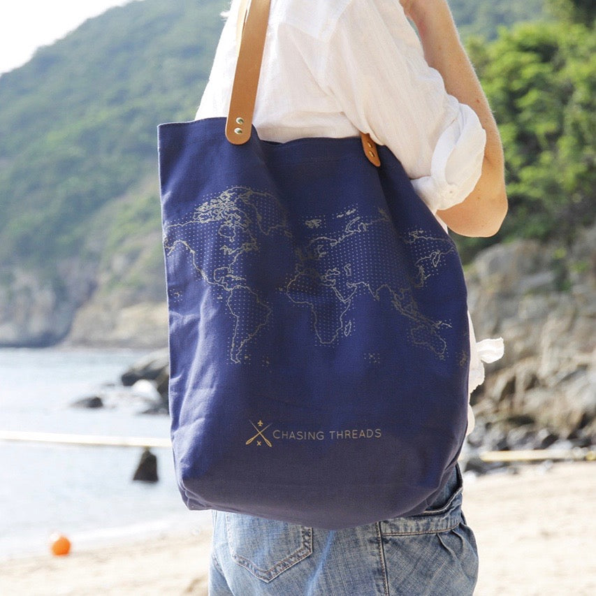 Customisable stitch canvas tote bag with genuine leather handles in navy