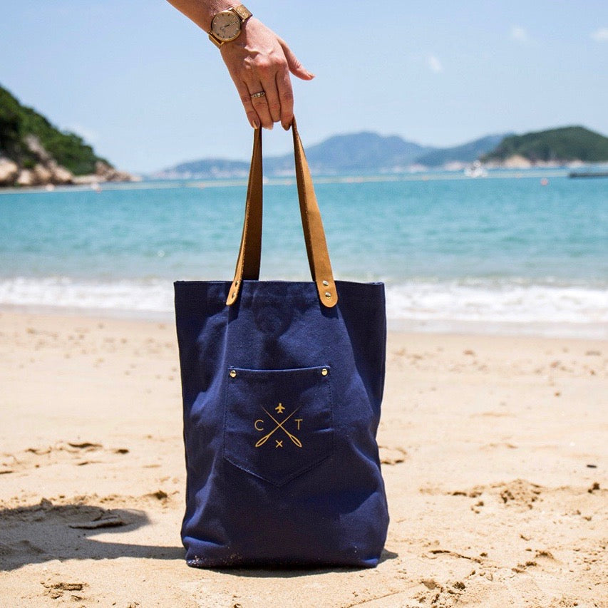 Customisable stitch canvas tote bag with genuine leather handles in navy
