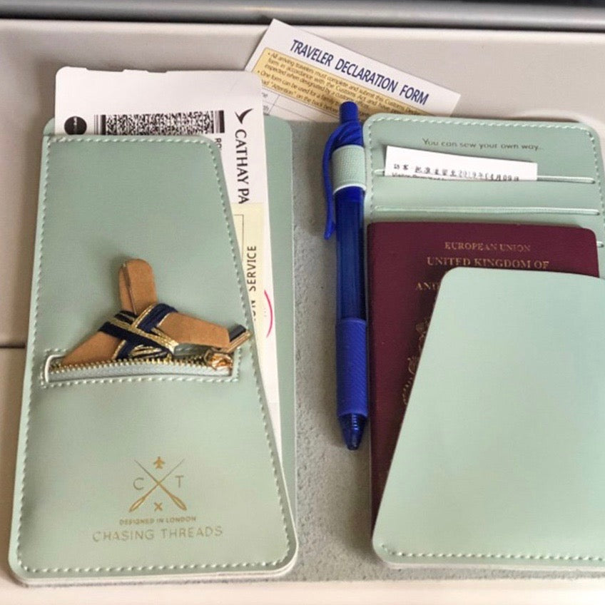 Customisable stitch travel wallet real leather in mint green