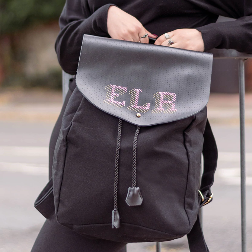 Backpack DIY Cotton Canvas Leather Black Cross Stitch