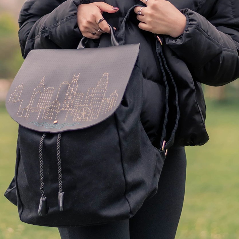 Backpack DIY Cotton Canvas Leather Black Cross Stitch