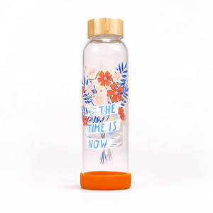 Glass Water Bottle Flowers Bonbi Forest Bamboo Lid