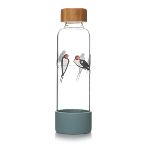 Glass Water Bottle Swallow Birds RSPB Wooden Lid