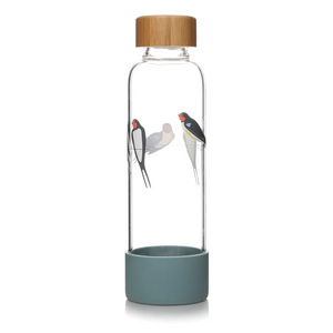 Glass Water Bottle Swallow Birds RSPB Wooden Lid