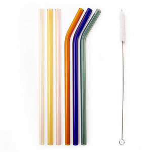 Colourful Reusable Glass Drinking Straws Set Of 6 With Cleaning Brush in Green Blue Orange Pink Clear