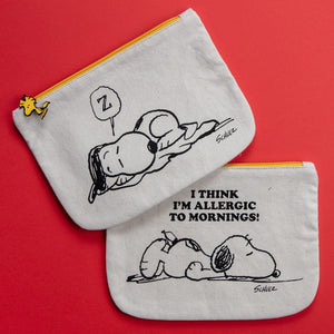 Snoopy Pouch with Peanuts comic cartoon “I think I’m allergic to mornings” in White