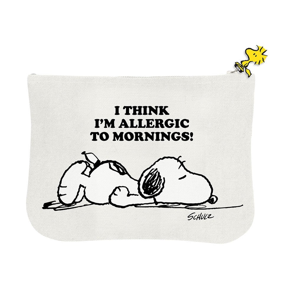 Snoopy Pouch with Peanuts comic cartoon “I think I’m allergic to mornings” in White