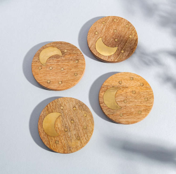 Wooden Coasters Crescent Phases of the Moon & Stars - Set of 4