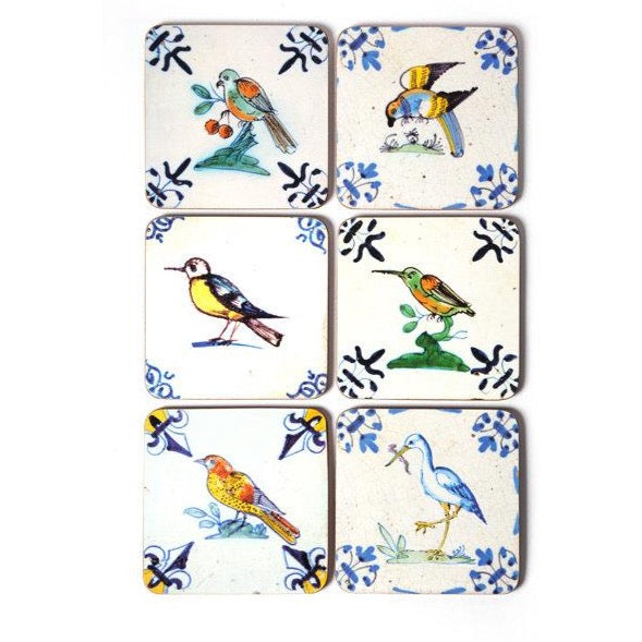 Coasters Set of 6 Delft Tile Birds in Blue White Yellow Orange Green