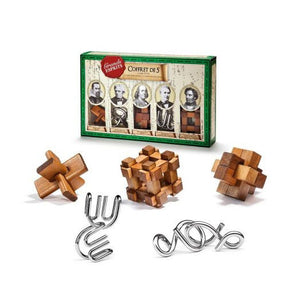 5 Puzzles Set of Wooden and Metal Great Minds Brain Teasers