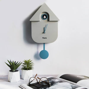 Wall Clock Musical Cuckoo House & Bird in Grey & Blue