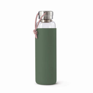 Water Bottle Glass Leak Proof Lightweight with Olive Green Protective Sleeve 600ml