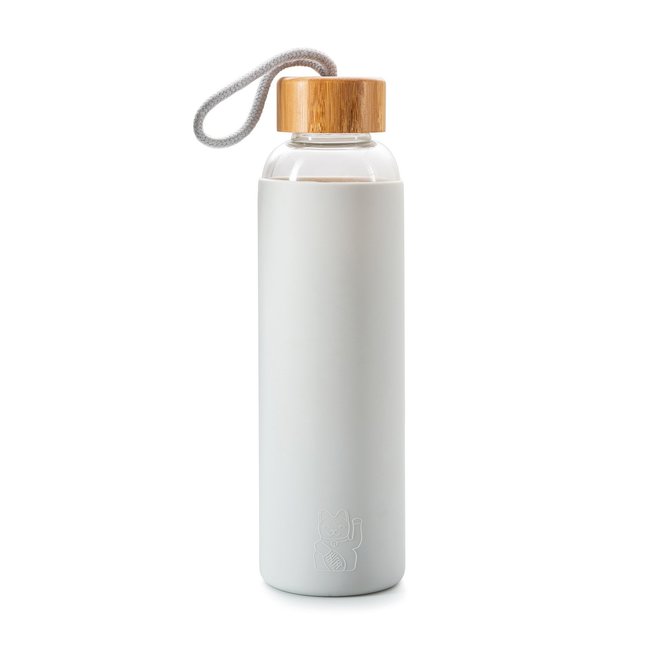 Drinking Bottle Glass with Sleeve and Lucky Cat Image in Grey