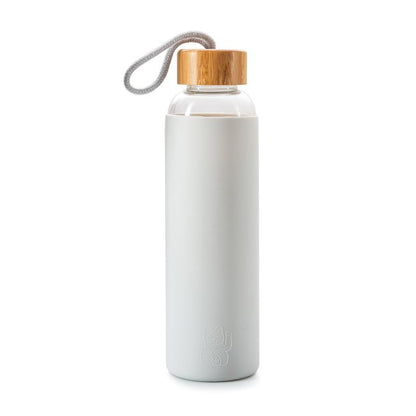 Drinking Bottle Glass with Sleeve and Lucky Cat Image in Grey