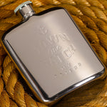 Silver "down the hatch" hip flask