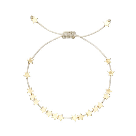 Bracelet with 18 gold stars on silver thread cord