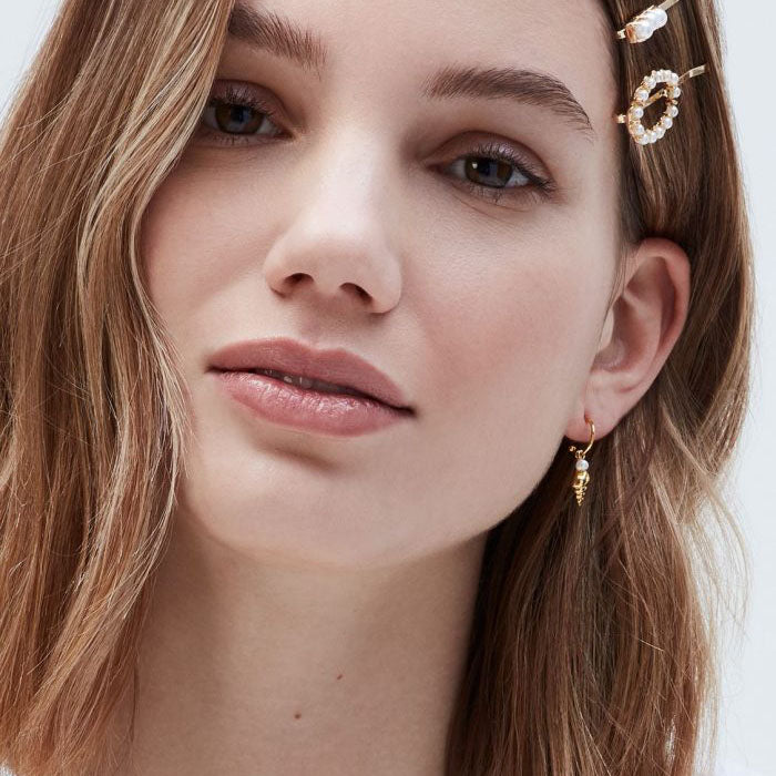 Mini Hoop Drop Earrings Shell and Pearl - Gold Plated